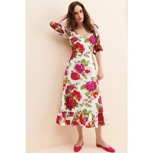 Anthropologie La Maison Talulah Floral Puff Sleeve Midi Dress Size M Bright